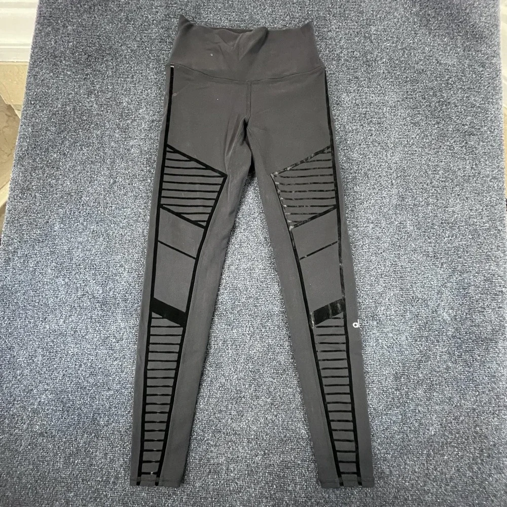 Alo Yoga Leggings Womens Small Black High Rise‎ Velvet Moto Panel Athletic Gym
